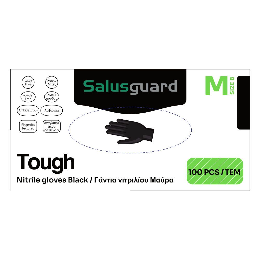 SALUSGUARD TOUGH NITRILE GLOVES SIZE: M-MEDIUM 2460 BLACK 100 PCS